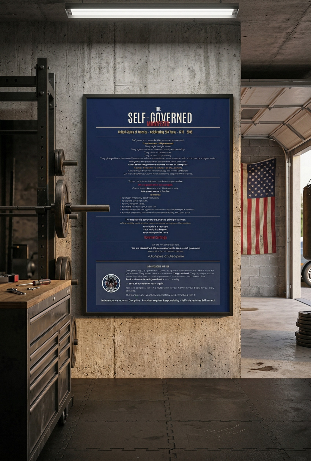 Self-Governed Manifesto Poster | USA 250th Anniversary Wall Art | Patriotic Discipline Print | Navy Gold Home Gym Office Decor 1776-2026