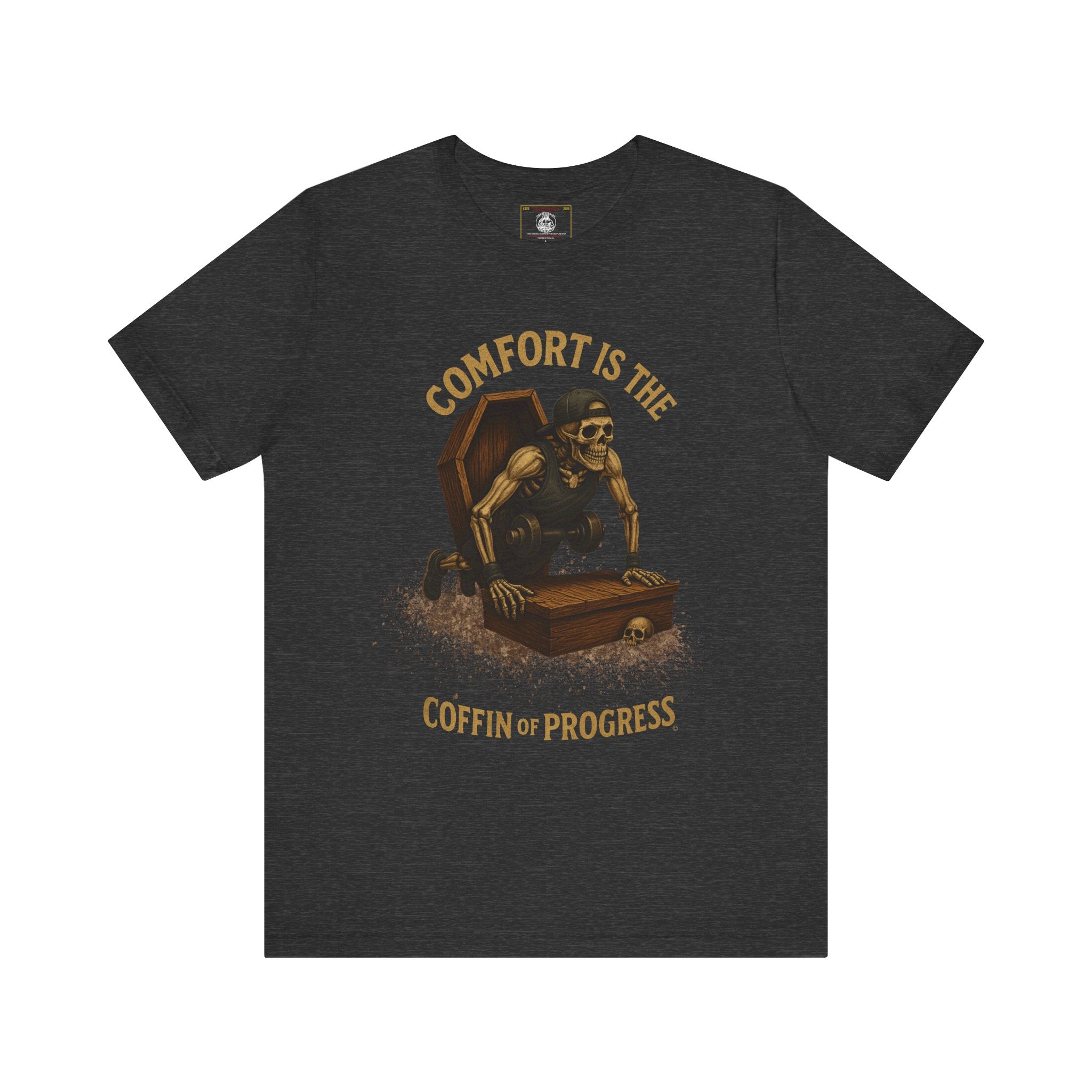 Hardcore Gym Halloween Shirt – “Comfort is the Coffin of Progress” | Skeleton Workout Tee for Discipline-Driven Lifters