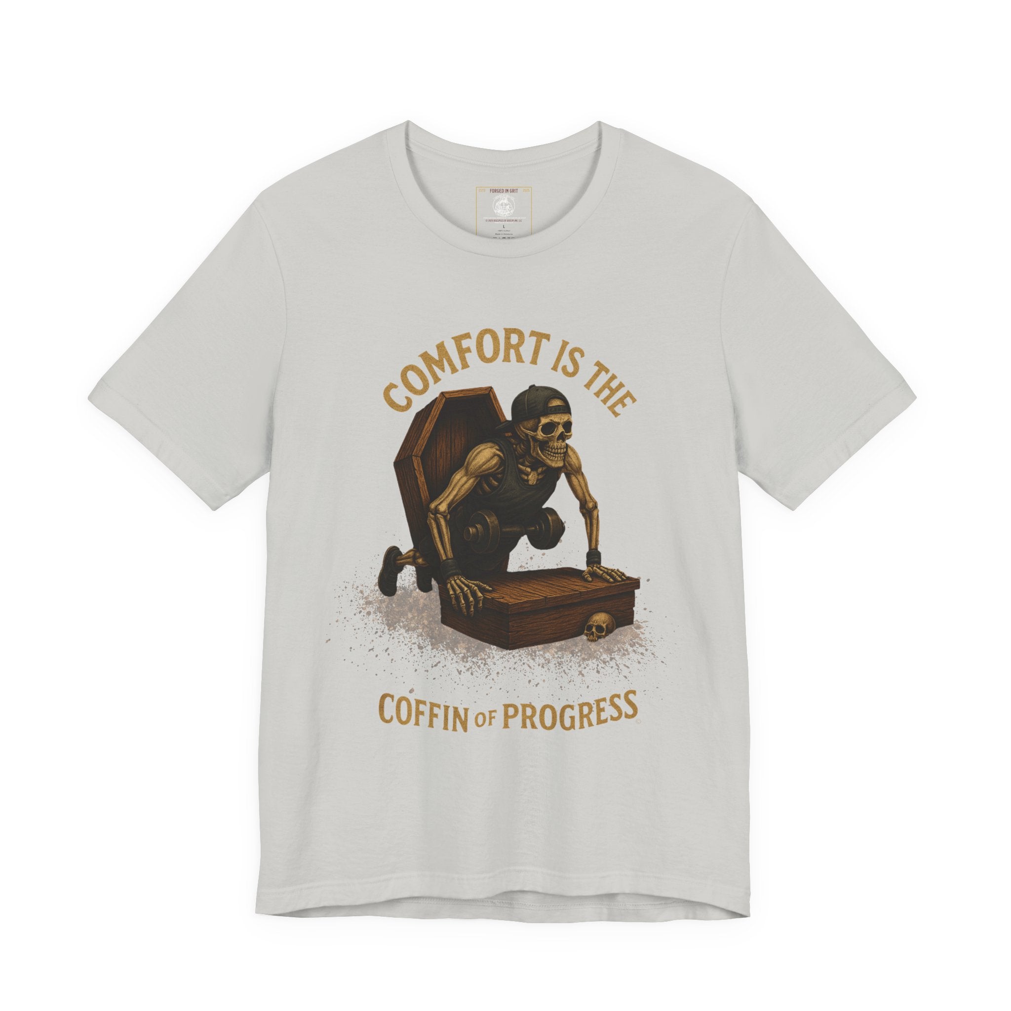 Hardcore Gym Halloween Shirt – “Comfort is the Coffin of Progress” | Skeleton Workout Tee for Discipline-Driven Lifters
