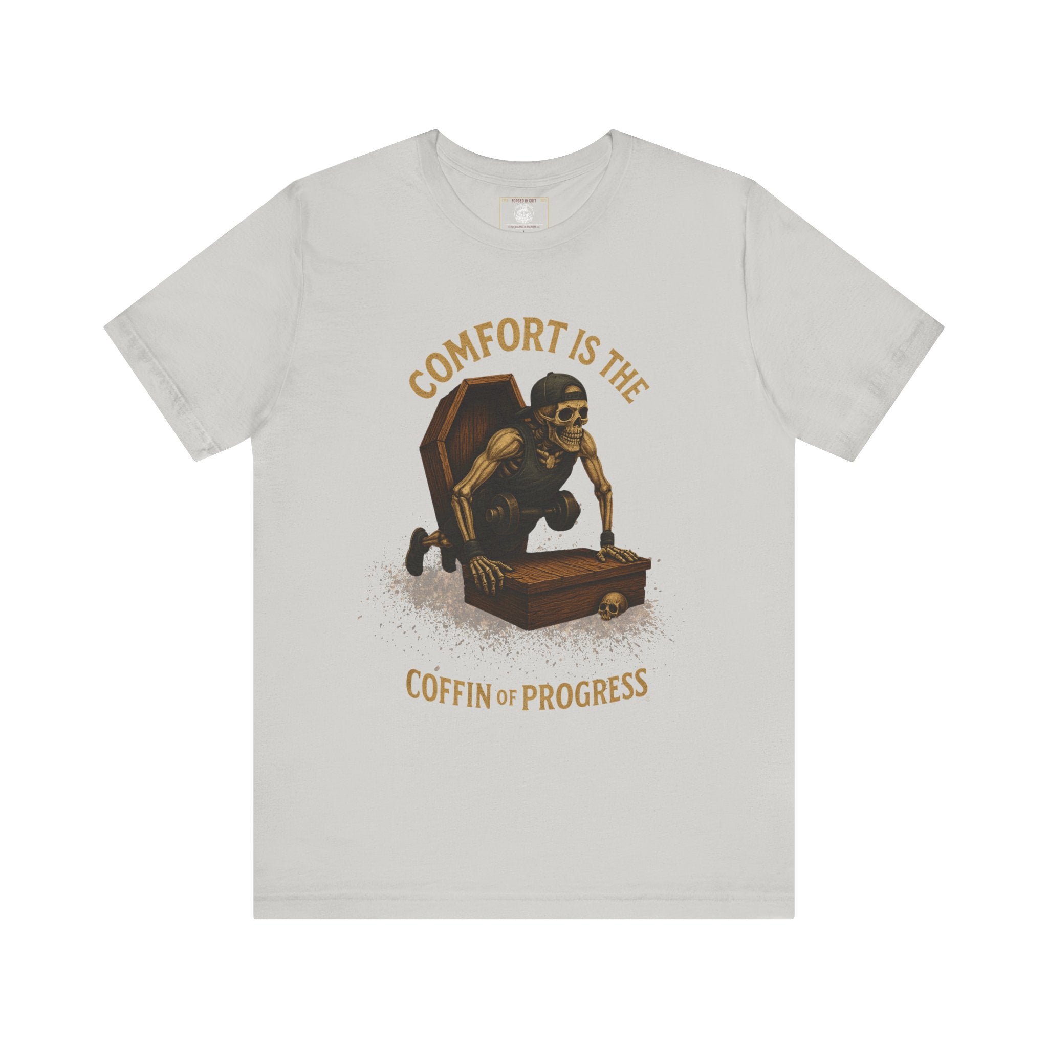 Hardcore Gym Halloween Shirt – “Comfort is the Coffin of Progress” | Skeleton Workout Tee for Discipline-Driven Lifters