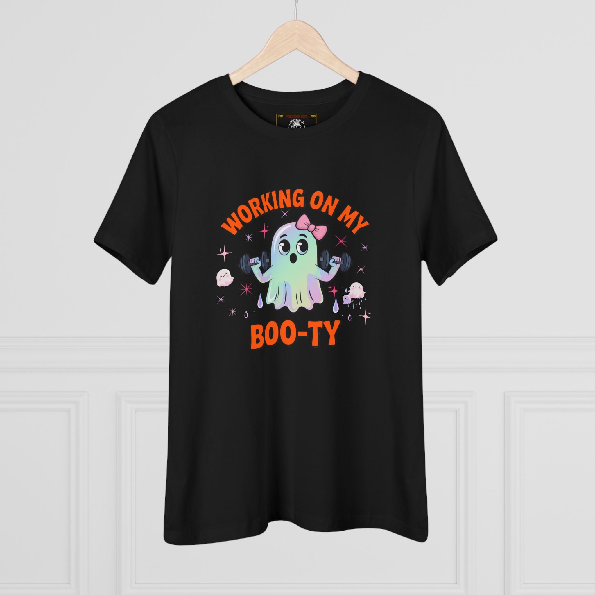Working on My Boo-ty | Cute Halloween Ghost Workout Shirt - Funny Halloween T-Shirt, Women's Graphic Tee, Spooky Season Shirt, Gift for Her