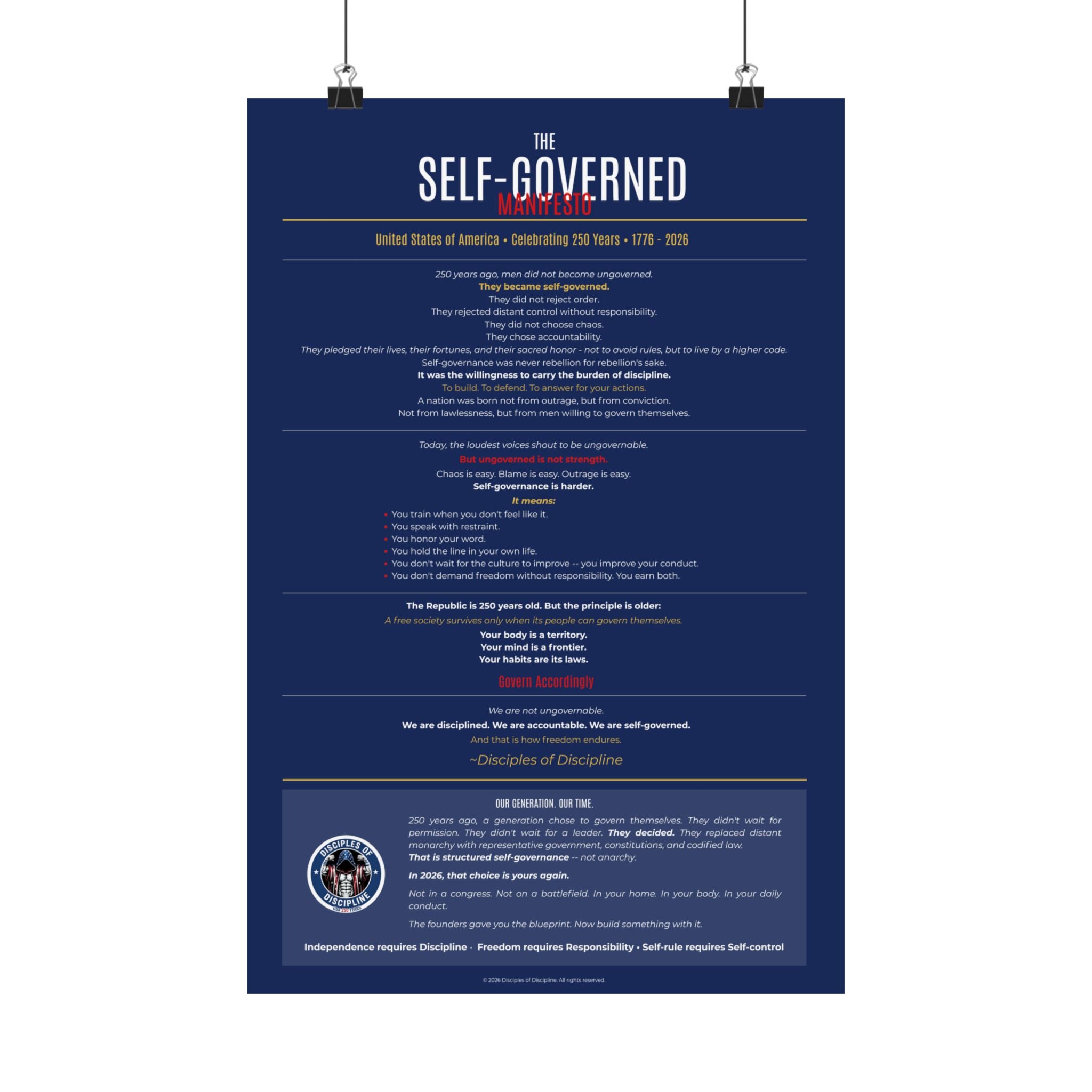 Self-Governed Manifesto Poster | USA 250th Anniversary Wall Art | Patriotic Discipline Print | Navy Gold Home Gym Office Decor 1776-2026