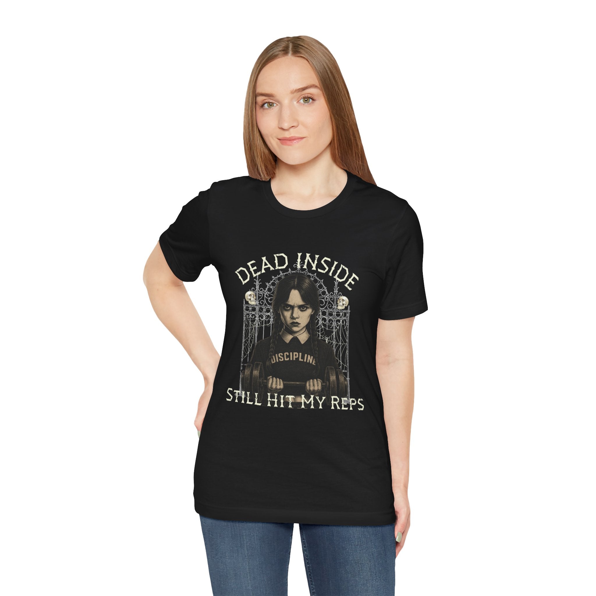 Dead Inside Still Hit My Reps Shirt – Wednesday Addams Gothic Gym Workout Tee – Dark Humor Fitness Halloween Top