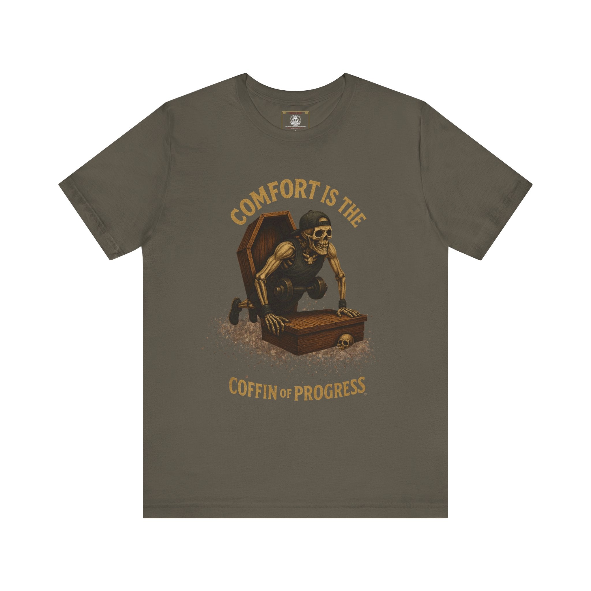 Hardcore Gym Halloween Shirt – “Comfort is the Coffin of Progress” | Skeleton Workout Tee for Discipline-Driven Lifters