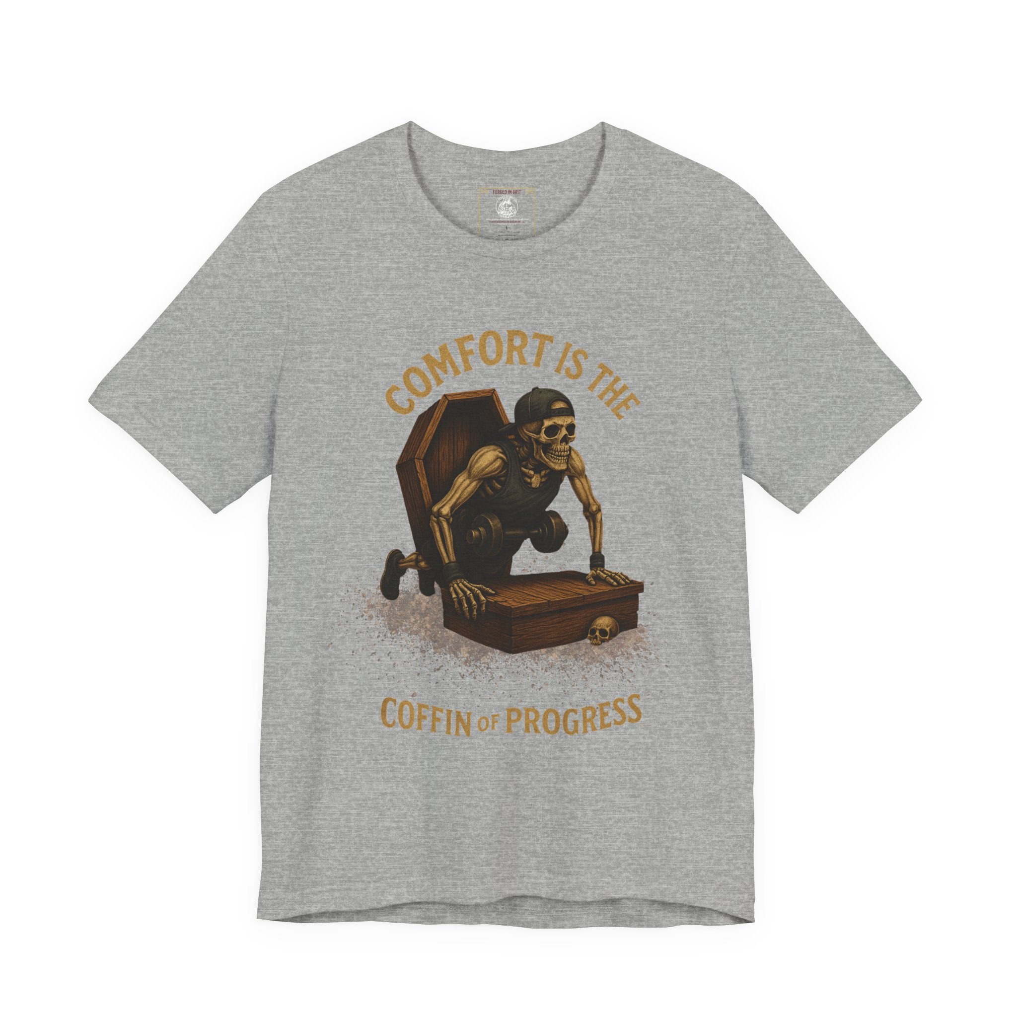 Hardcore Gym Halloween Shirt – “Comfort is the Coffin of Progress” | Skeleton Workout Tee for Discipline-Driven Lifters