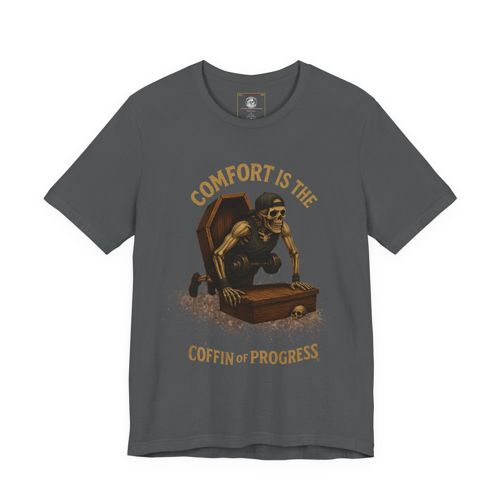 Hardcore Gym Halloween Shirt – “Comfort is the Coffin of Progress” | Skeleton Workout Tee for Discipline-Driven Lifters