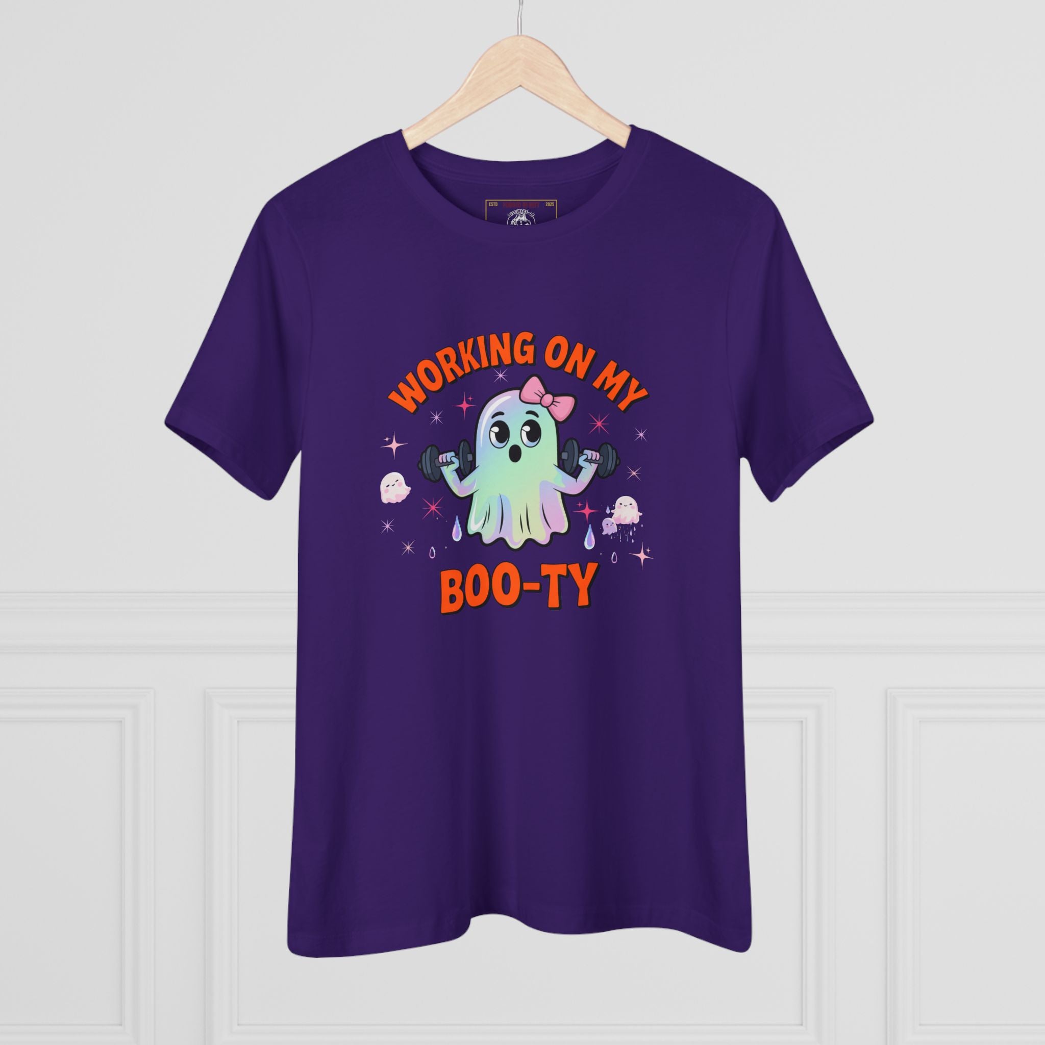 Working on My Boo-ty | Cute Halloween Ghost Workout Shirt - Funny Halloween T-Shirt, Women's Graphic Tee, Spooky Season Shirt, Gift for Her