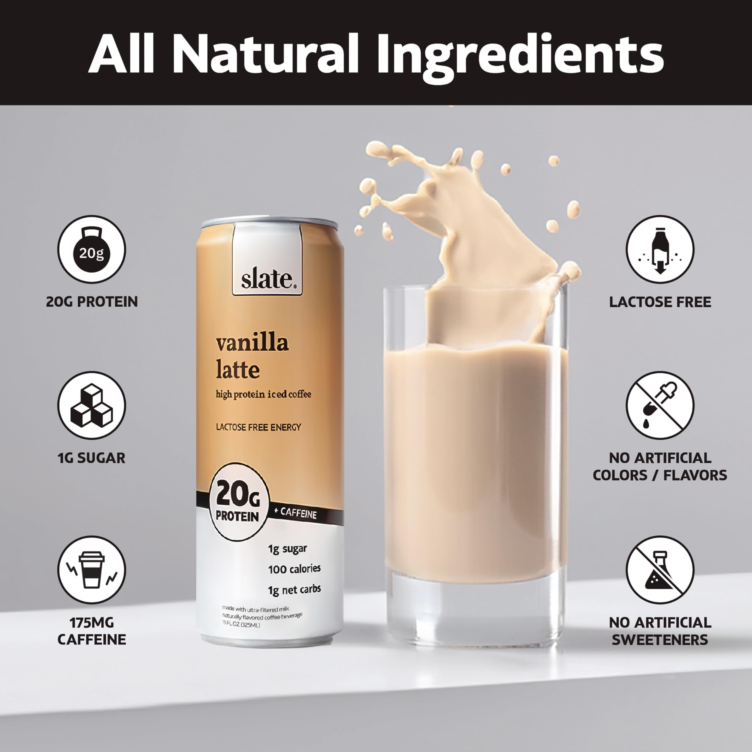 Slate Milk - High Protein Iced Coffee - Energy Variety Pack - Caramel Latte, Mocha Latte, Vanilla Latte - 175mg Caffeine, Lactose Free - 20g Protein, 1g Sugar - Protein Coffee - 11 fl oz, 12 Cans