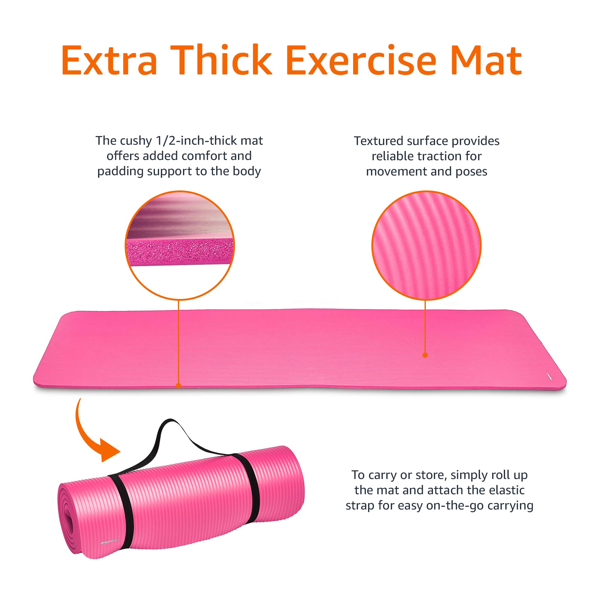Amazon Basics 1/2 Inch Extra Thick Exercise Yoga Mat with Carrying Strap, Cushioned Support, for Fitness and Gym Workouts