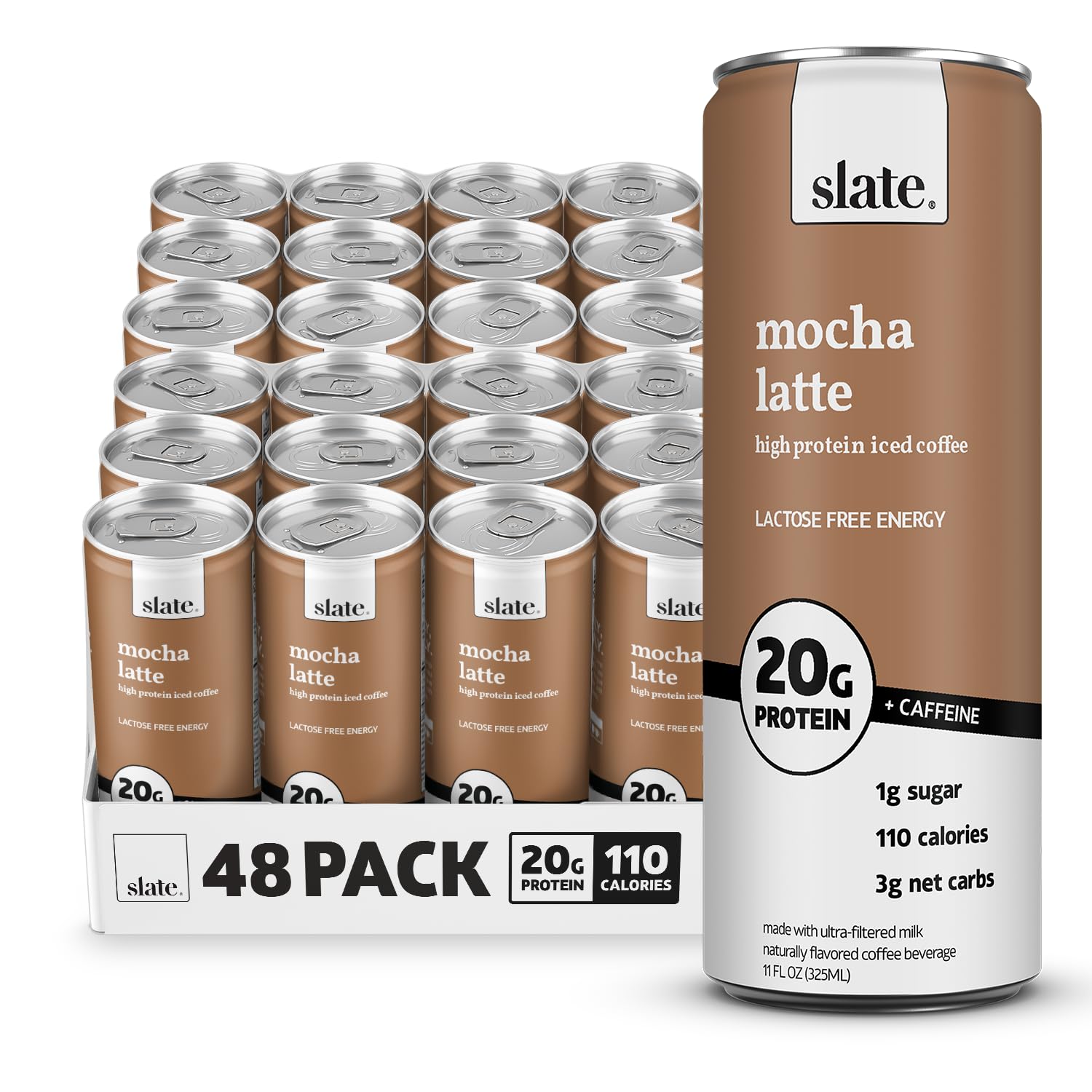 Slate Milk - High Protein Iced Coffee - Energy Variety Pack - Caramel Latte, Mocha Latte, Vanilla Latte - 175mg Caffeine, Lactose Free - 20g Protein, 1g Sugar - Protein Coffee - 11 fl oz, 12 Cans