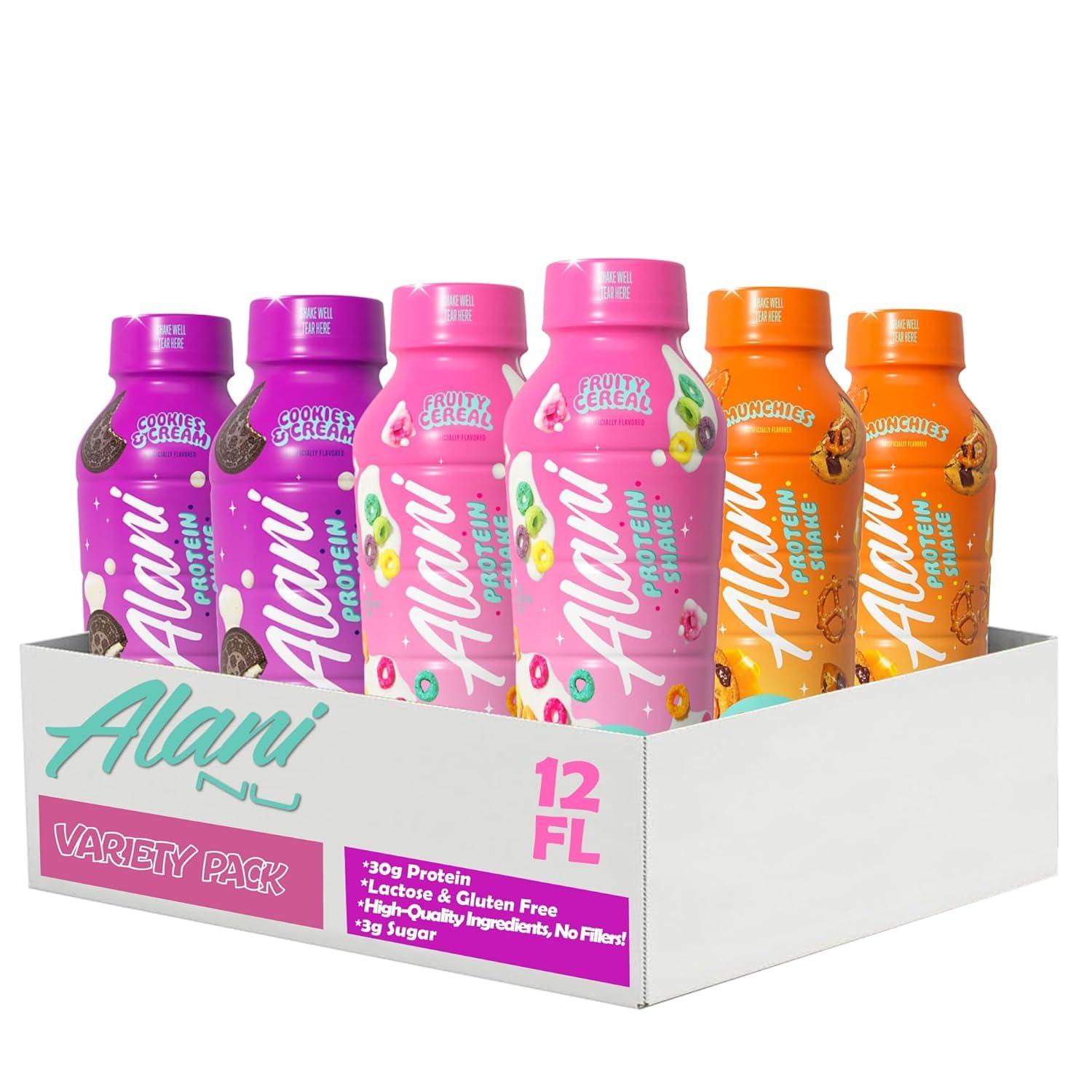 NEW Alani High Protein Shake Cookies and Cream, Fruity Cereal & Munchies Variety Pack - Ready to Drink, Gluten Free,160 Calories, 30g Protein,12 Fl Oz (6 Pack) REPACKAGED BY *Trendy Stuff Online*