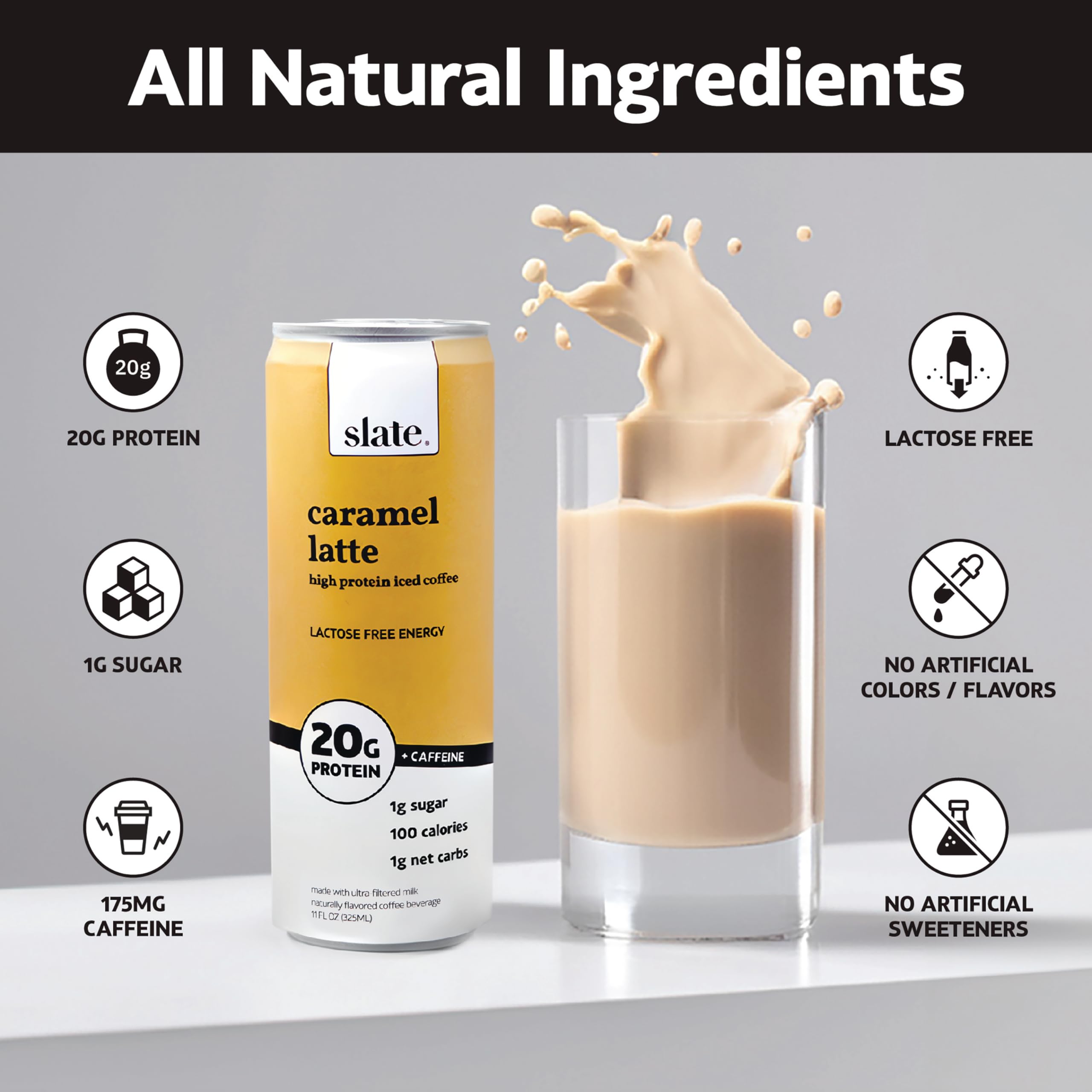 Slate Milk - High Protein Iced Coffee - Energy Variety Pack - Caramel Latte, Mocha Latte, Vanilla Latte - 175mg Caffeine, Lactose Free - 20g Protein, 1g Sugar - Protein Coffee - 11 fl oz, 12 Cans