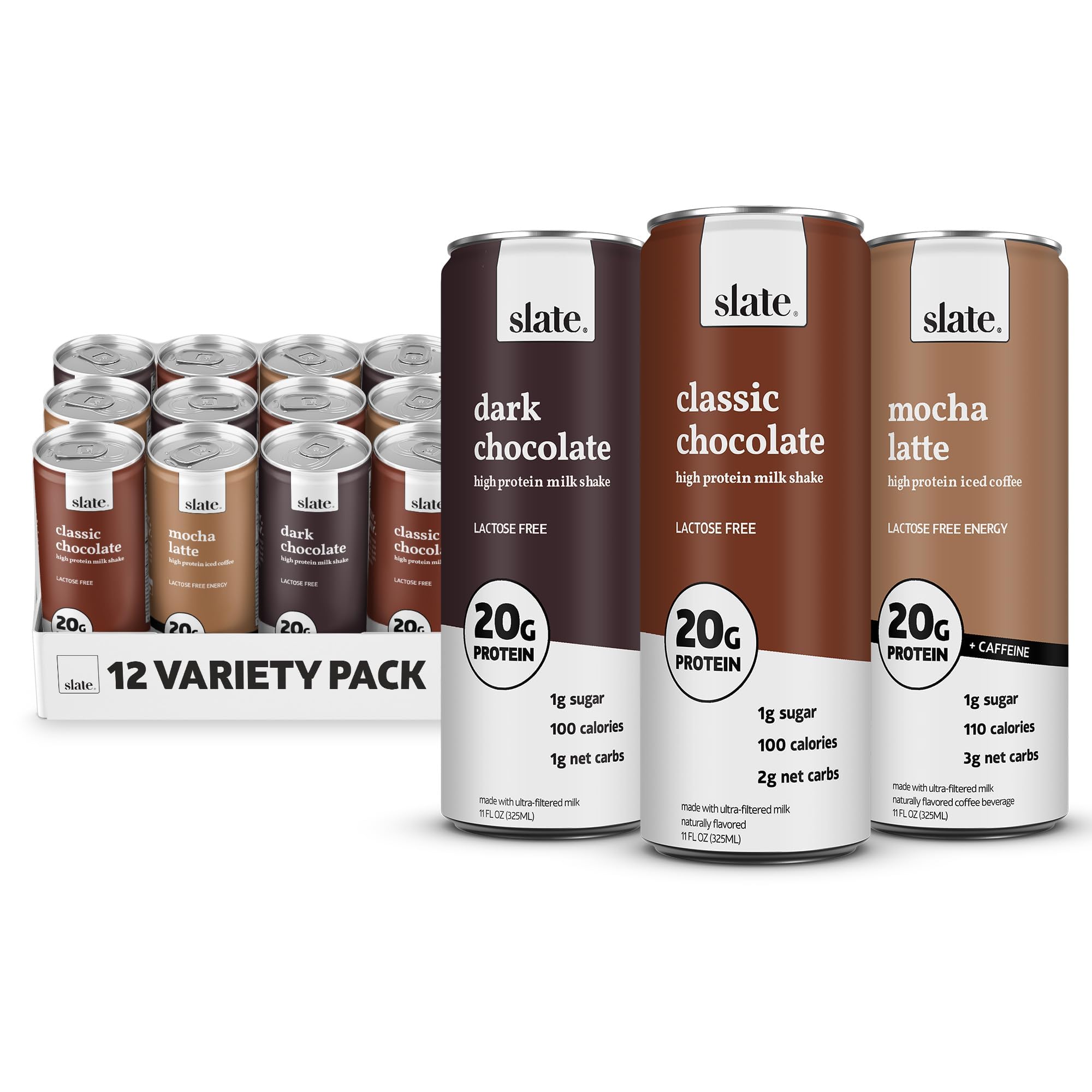 Slate Milk - High Protein Iced Coffee - Energy Variety Pack - Caramel Latte, Mocha Latte, Vanilla Latte - 175mg Caffeine, Lactose Free - 20g Protein, 1g Sugar - Protein Coffee - 11 fl oz, 12 Cans