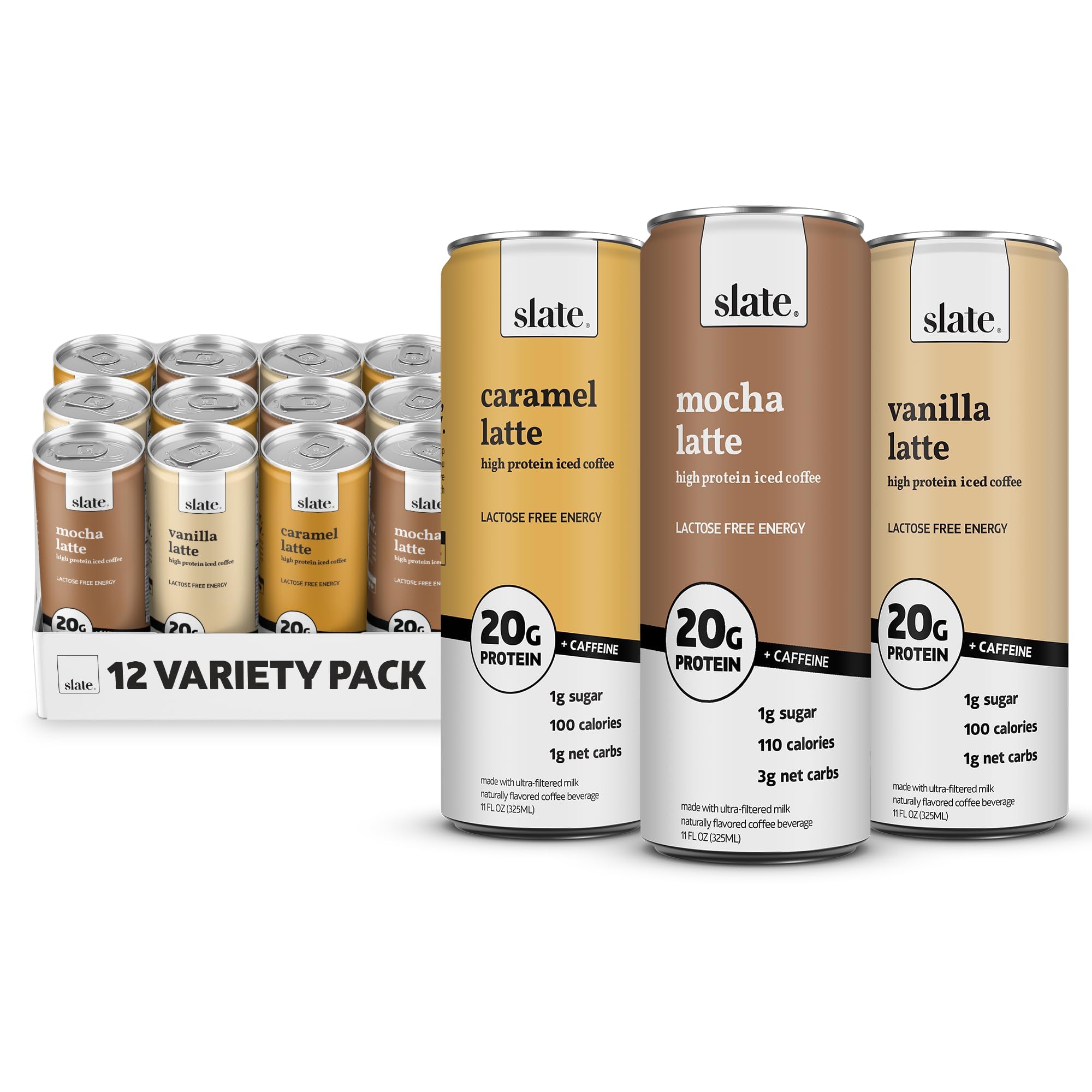 Slate Milk - High Protein Iced Coffee - Energy Variety Pack - Caramel Latte, Mocha Latte, Vanilla Latte - 175mg Caffeine, Lactose Free - 20g Protein, 1g Sugar - Protein Coffee - 11 fl oz, 12 Cans