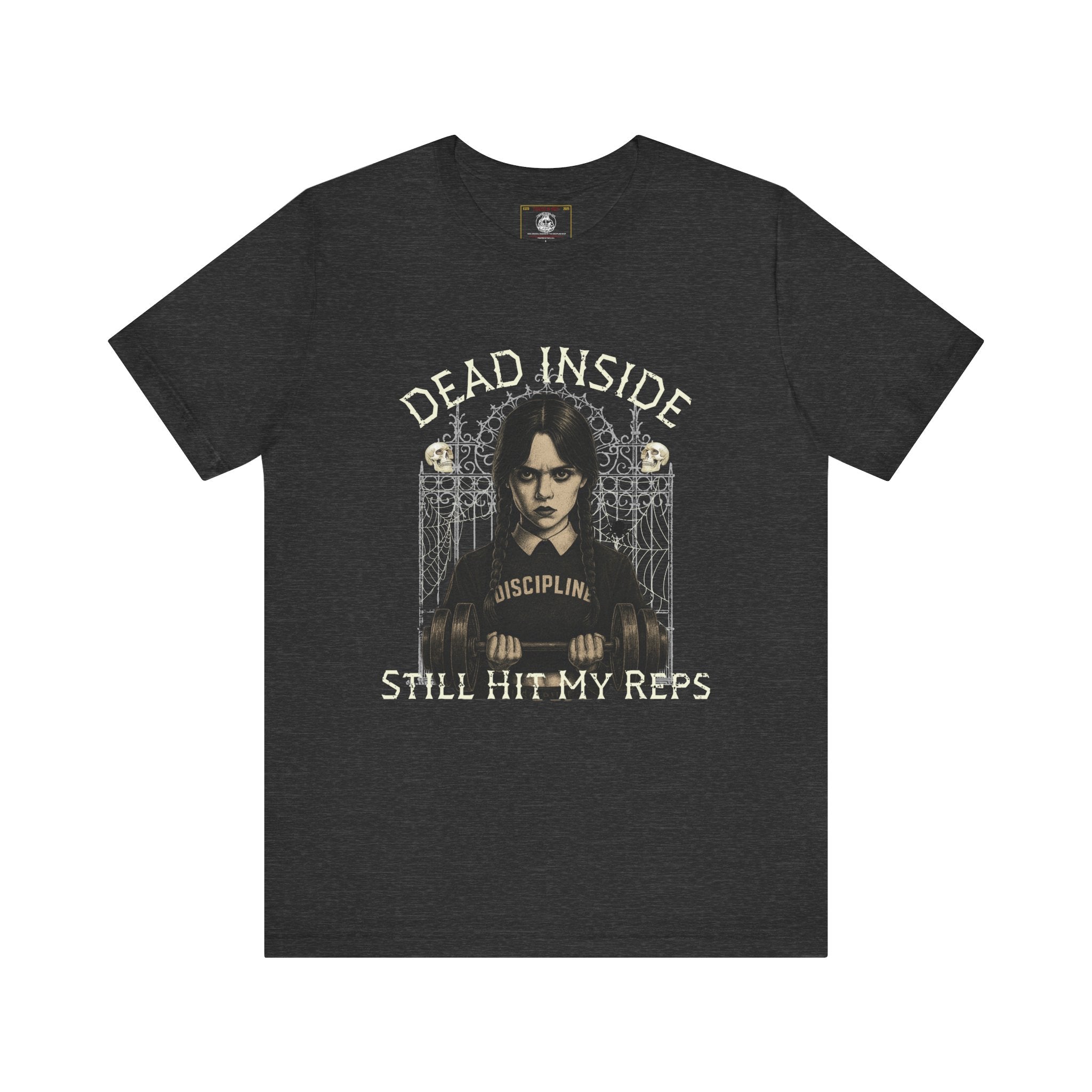 Dead Inside Still Hit My Reps Shirt – Wednesday Addams Gothic Gym Workout Tee – Dark Humor Fitness Halloween Top