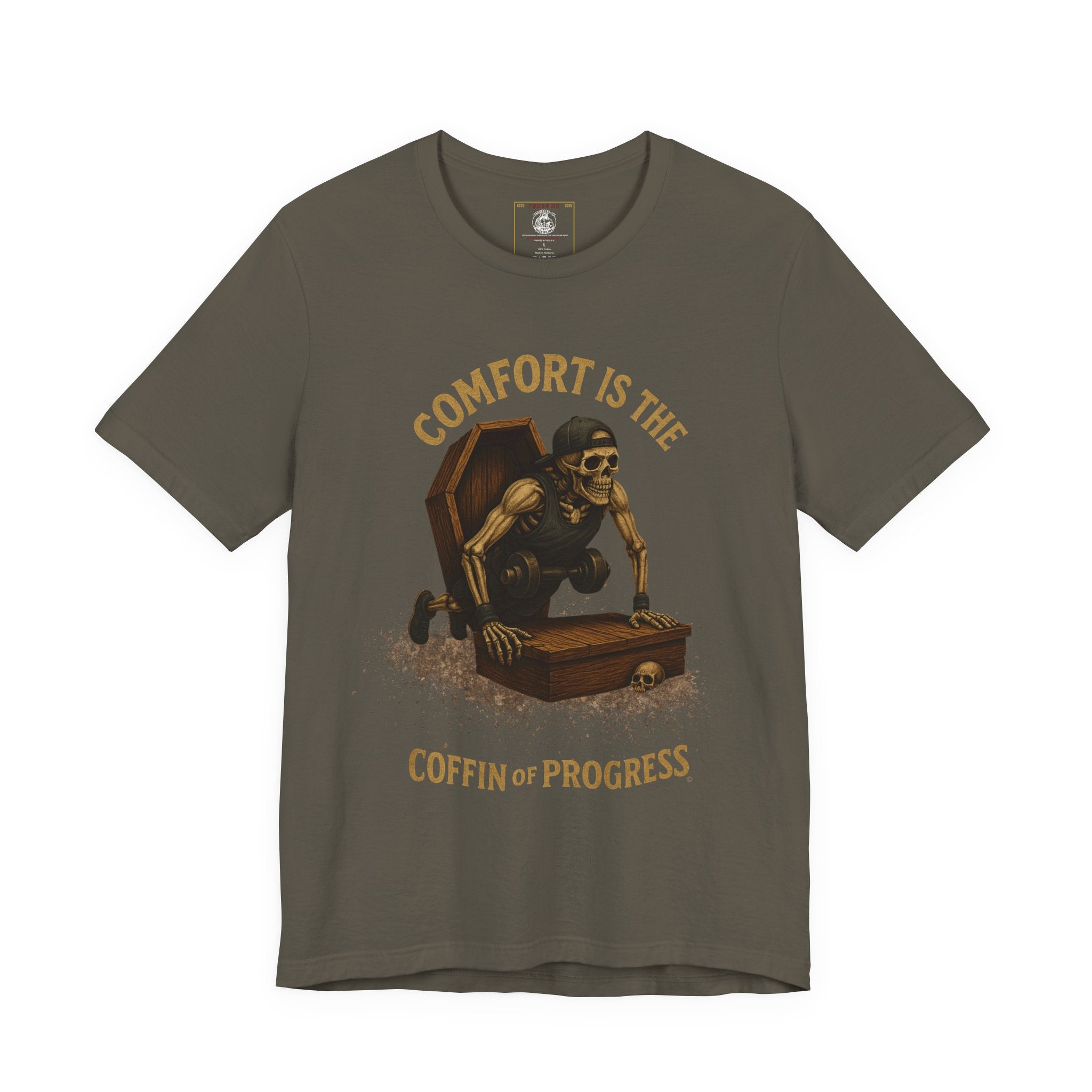 Hardcore Gym Halloween Shirt – “Comfort is the Coffin of Progress” | Skeleton Workout Tee for Discipline-Driven Lifters