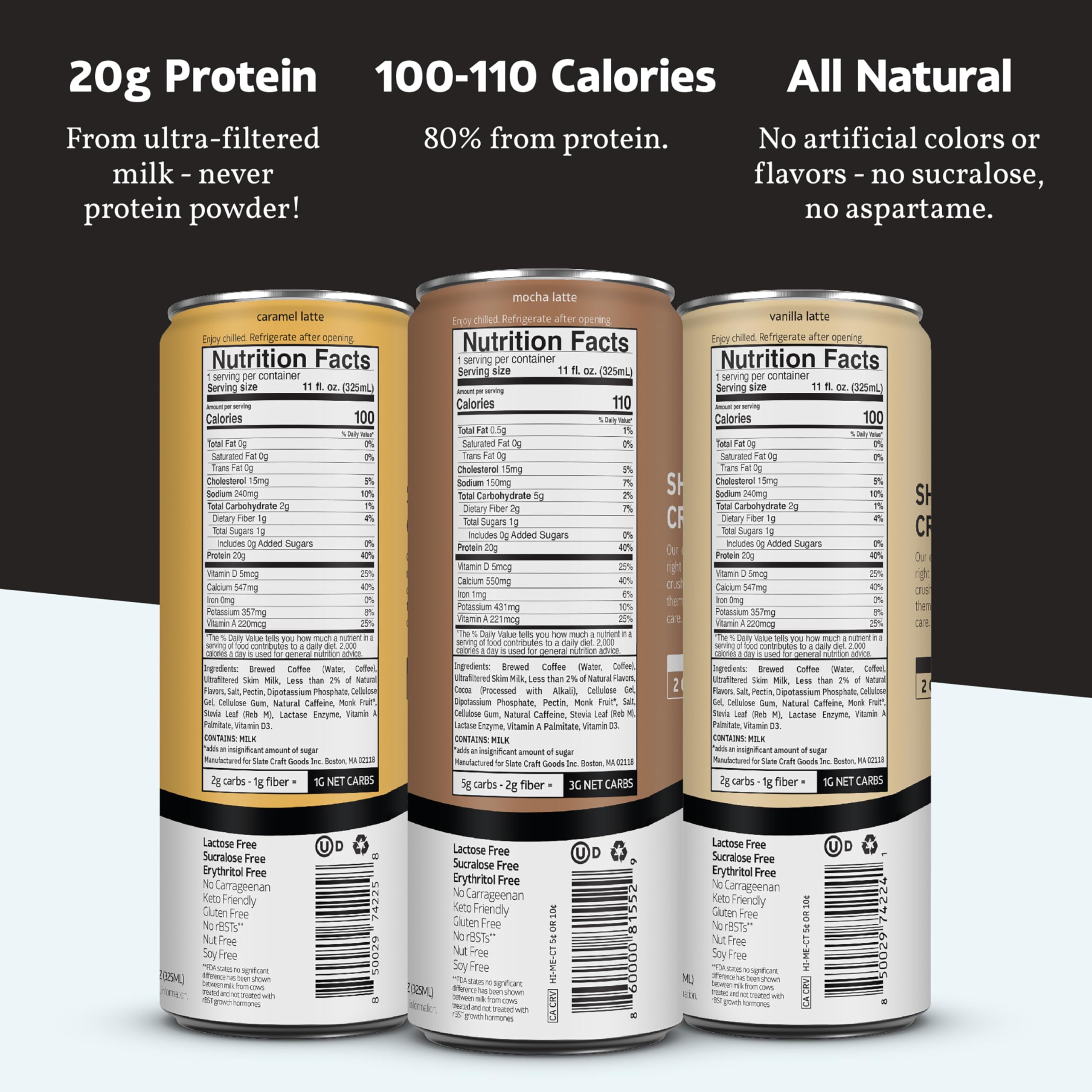 Slate Milk - High Protein Iced Coffee - Energy Variety Pack - Caramel Latte, Mocha Latte, Vanilla Latte - 175mg Caffeine, Lactose Free - 20g Protein, 1g Sugar - Protein Coffee - 11 fl oz, 12 Cans