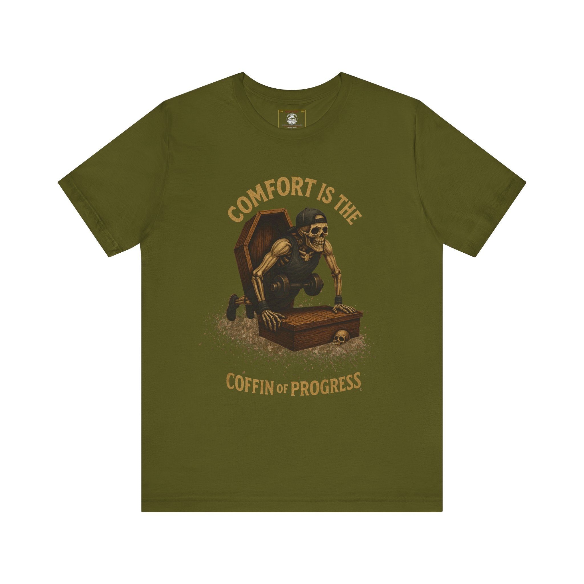 Hardcore Gym Halloween Shirt – “Comfort is the Coffin of Progress” | Skeleton Workout Tee for Discipline-Driven Lifters