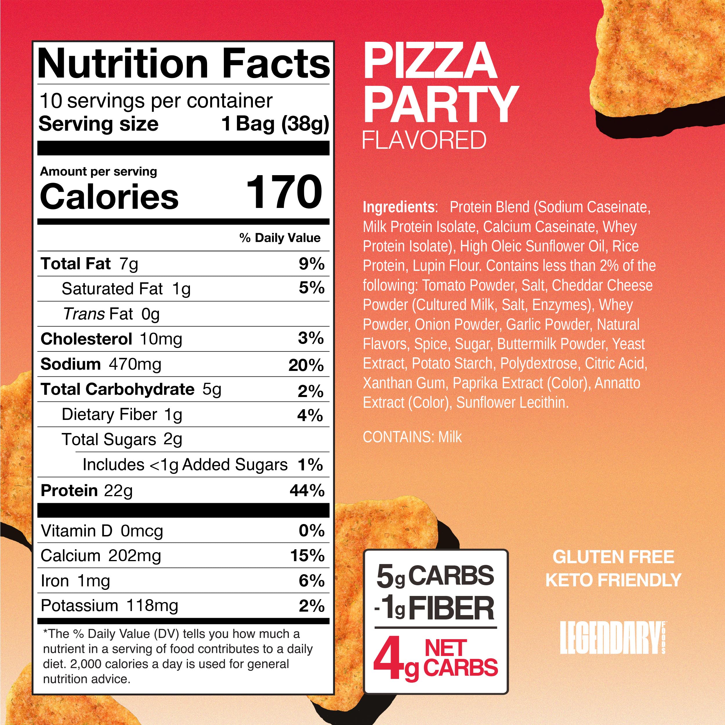 Legendary Foods Pizza Party Protein Chips – Popped Tortilla Style – 22g High Protein, 4g Net Carbs, Low Sugar, Gluten Free, Keto Snack Packs – 10 Count – Healthy Crunchy Chips
