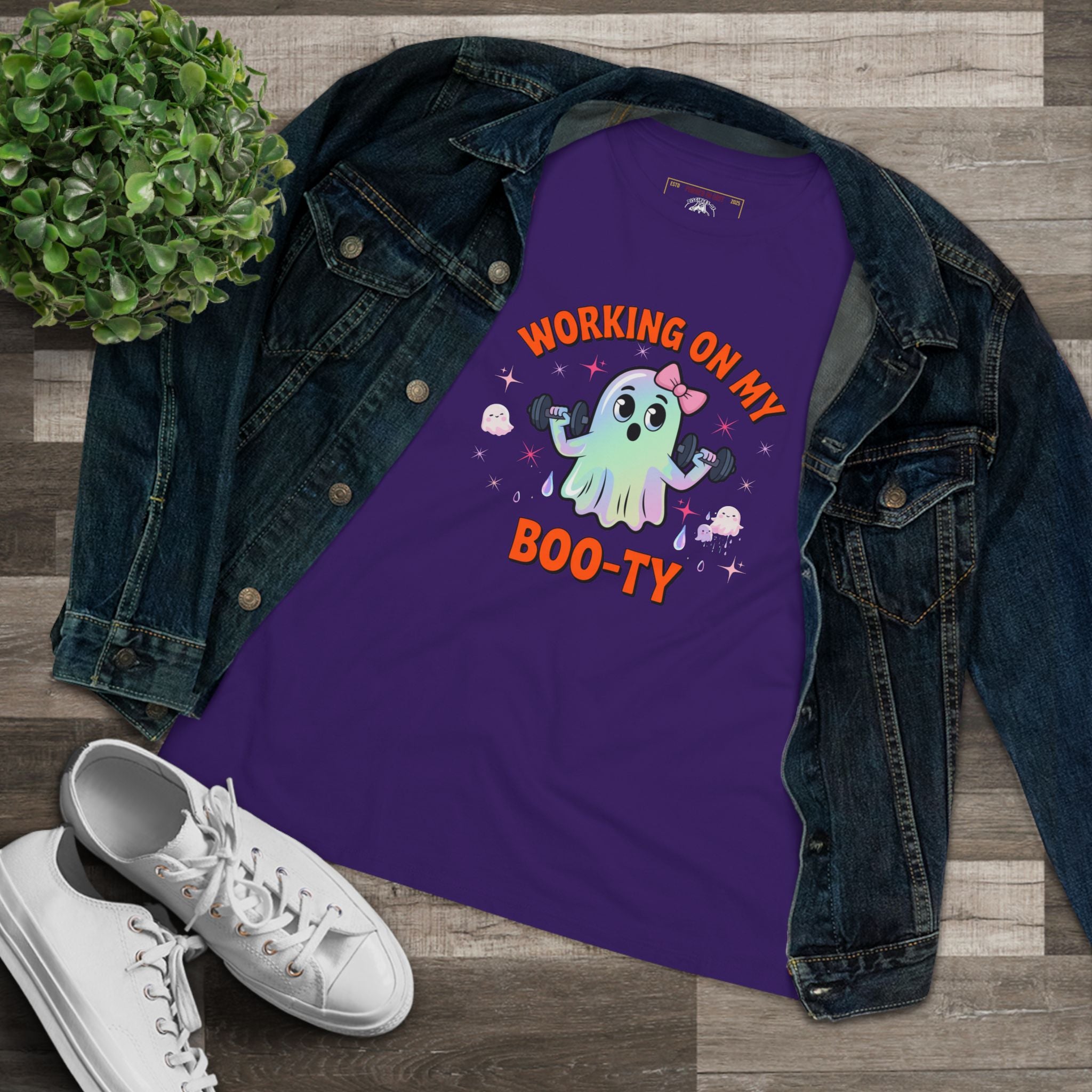 Working on My Boo-ty | Cute Halloween Ghost Workout Shirt - Funny Halloween T-Shirt, Women's Graphic Tee, Spooky Season Shirt, Gift for Her