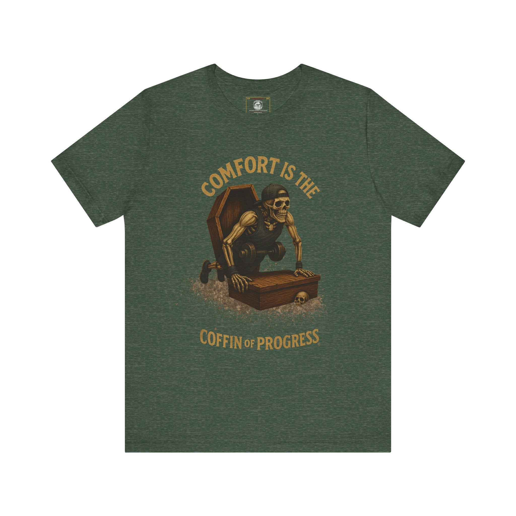 Hardcore Gym Halloween Shirt – “Comfort is the Coffin of Progress” | Skeleton Workout Tee for Discipline-Driven Lifters